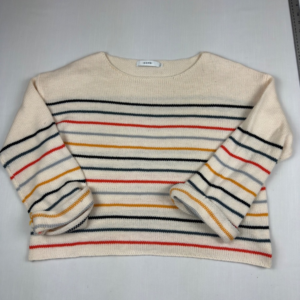 ISOMEI Womens Cream Multi Color Striped Knit Sweater Size Large Boat Neck